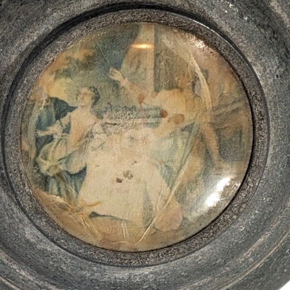 Antique Wind Up Music Powder Box With Victorian Imagery On Lid. Works.